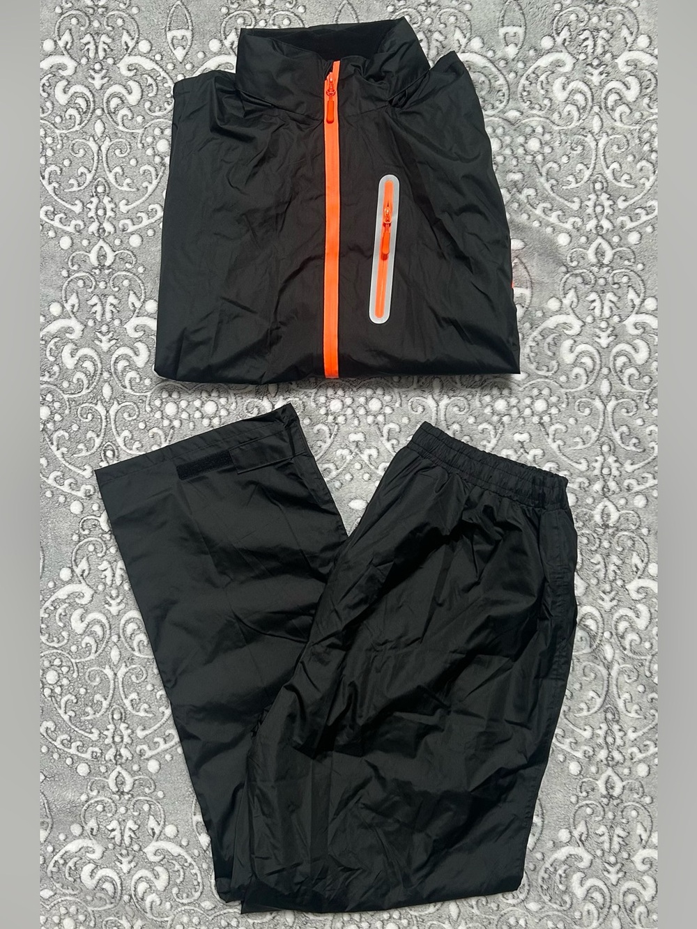 Black Raincoat & Pant Set with Orange Zip Accents